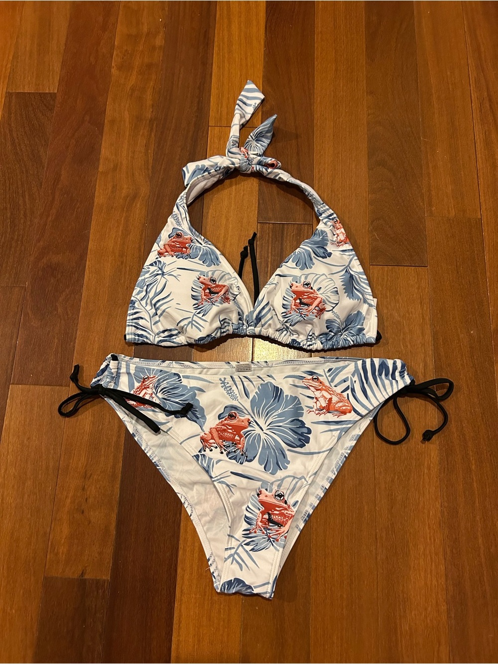 Floral Tropical Tie-Halter Bikini Set with Frog accents - White, Blue & Coral